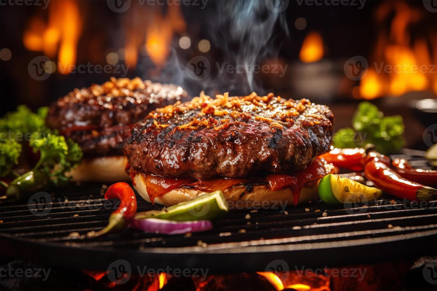 Hamburger hot spices grilled on bbq fire flame grill photo