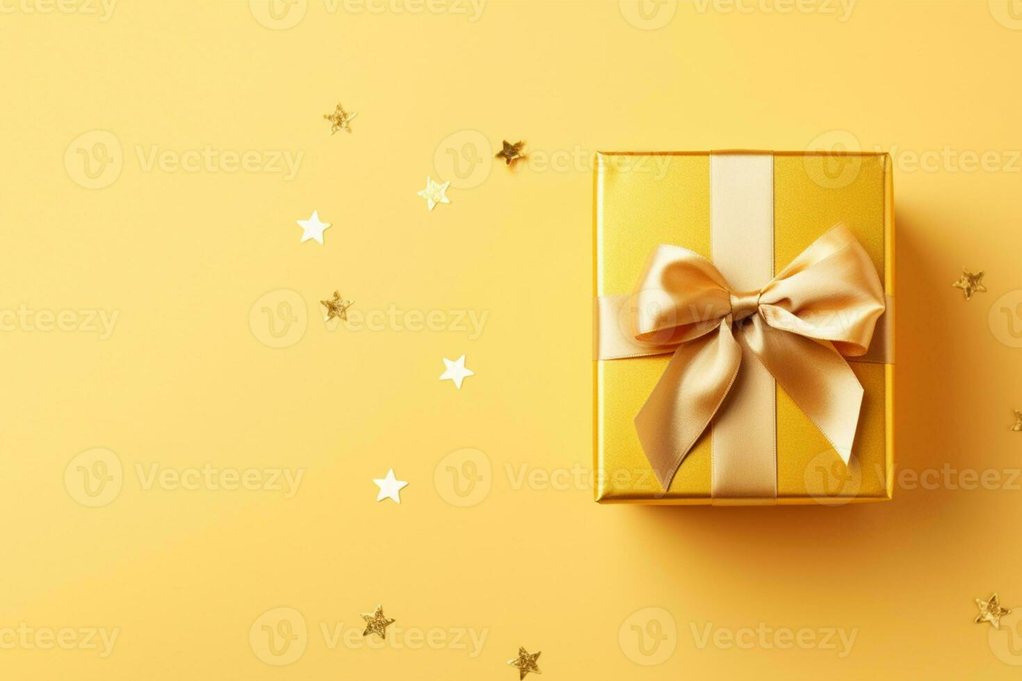 Golden ribbon gift box on yellow background. Top view concept Space for text photo