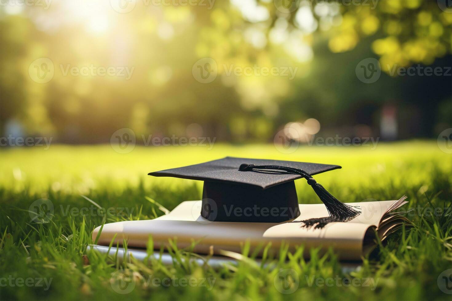 Graduation,Close Up certificate paper and education cap on green grass spring time in the outdoor park.Concept education congratulation. photo