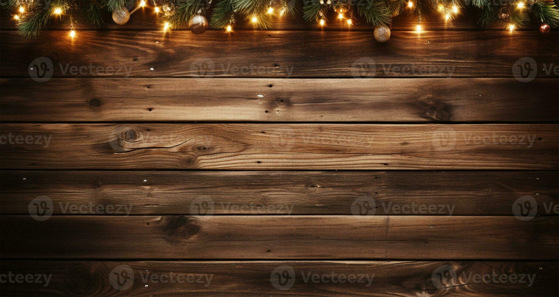 Christmas background with fir branches, golden lights and wooden planks. AI Generated photo