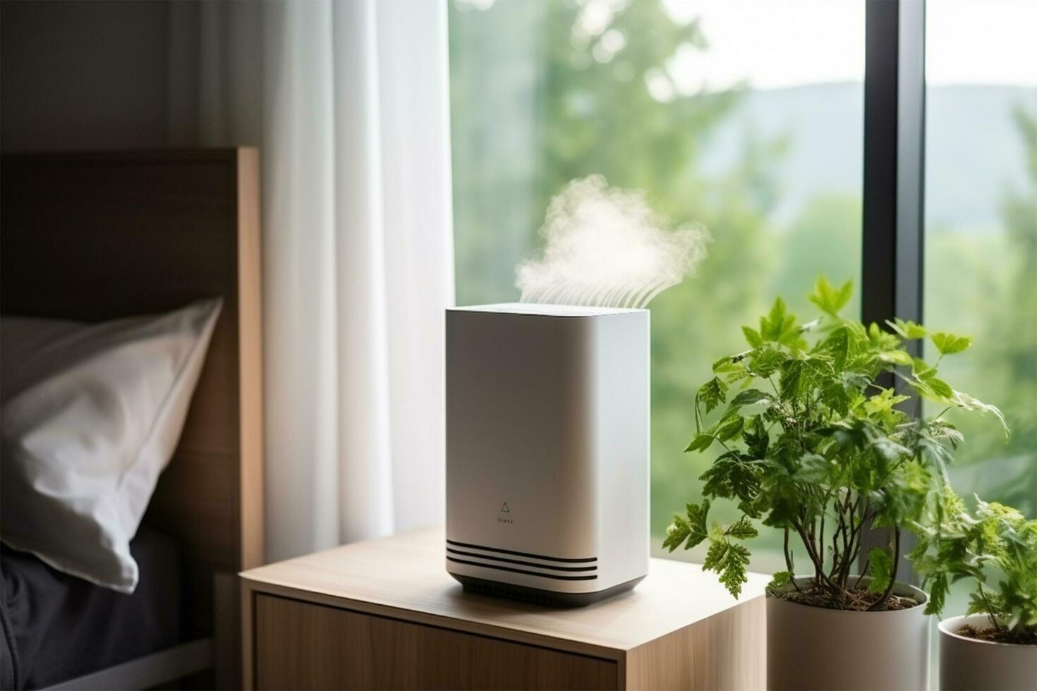 Air purifier white bedroom for filter ,Air Pollution Concept AI Generated photo