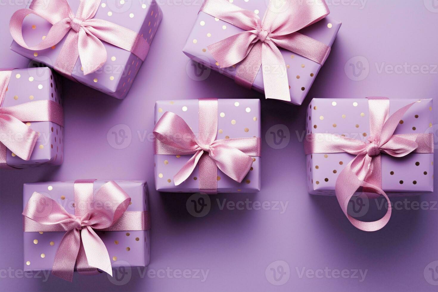 Top view photo of lilac gift boxes. Space for text.