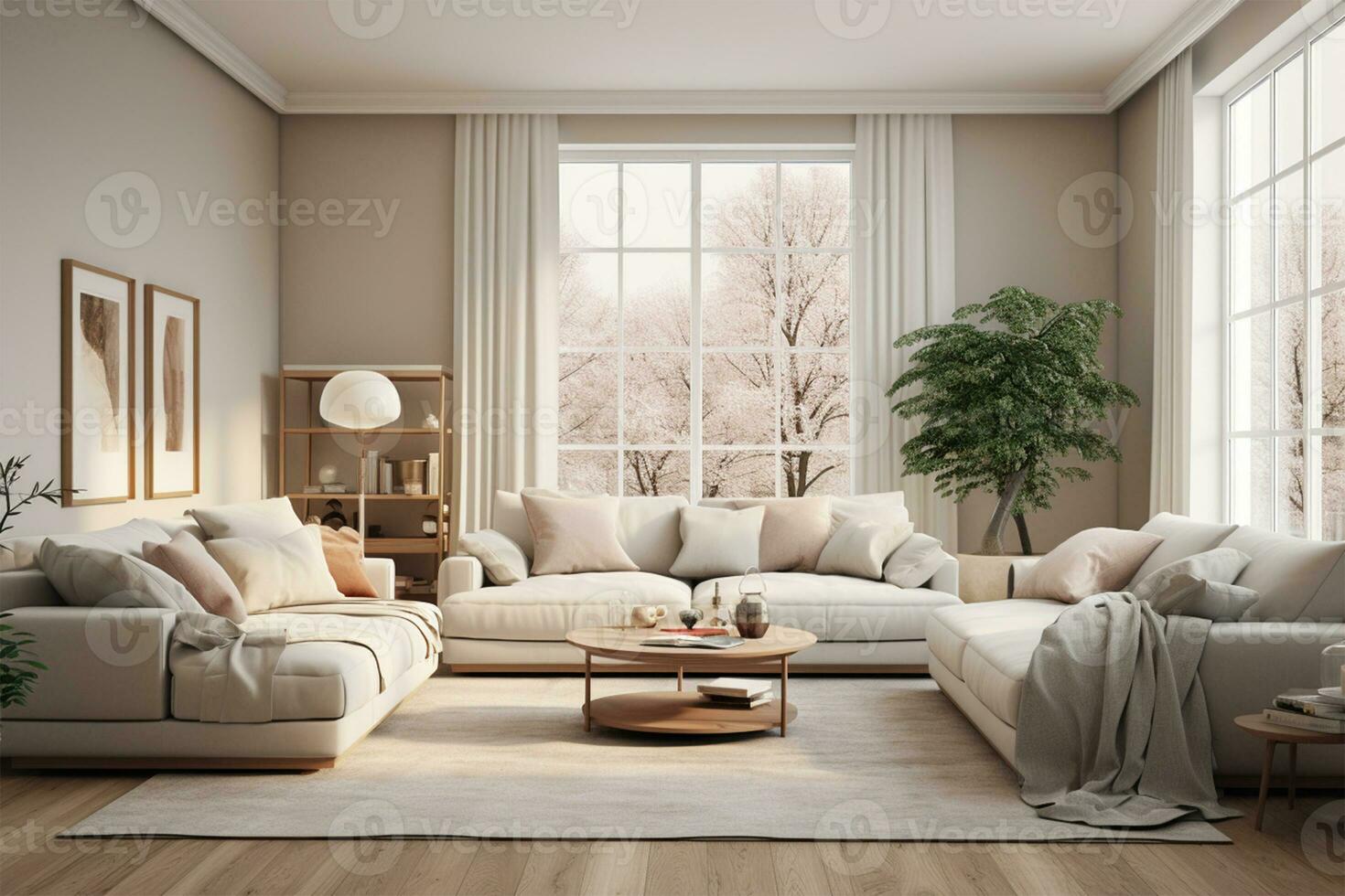 Living room interior with sofa and coffee table. 3d render AI generated photo