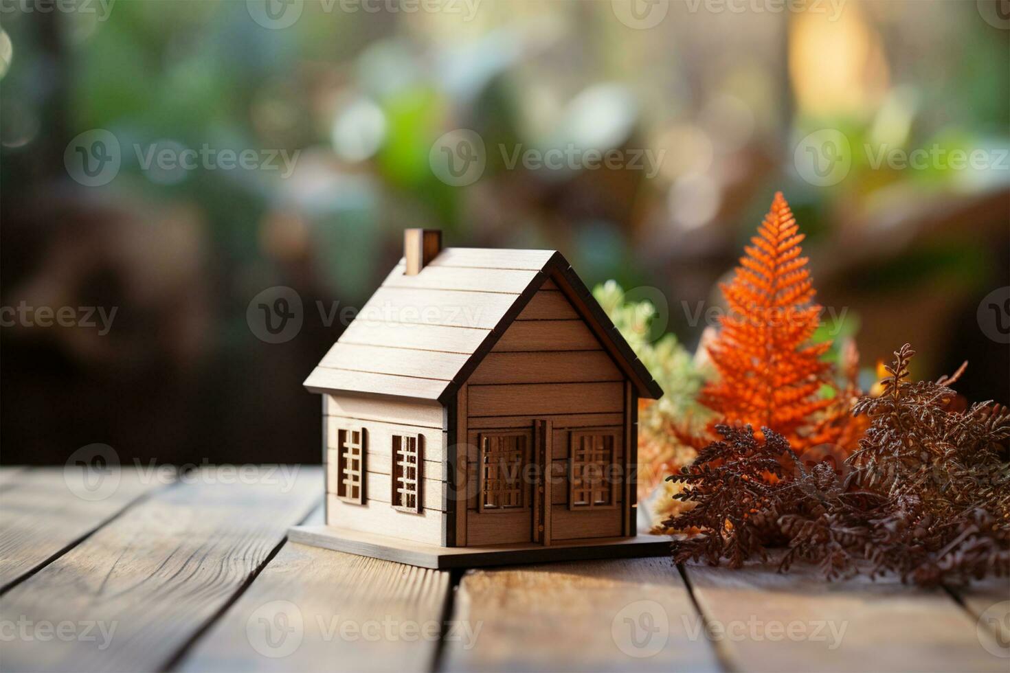 Wooden house model on wood background, a symbol for construction , ecology, loan, mortgage, property or home. photo