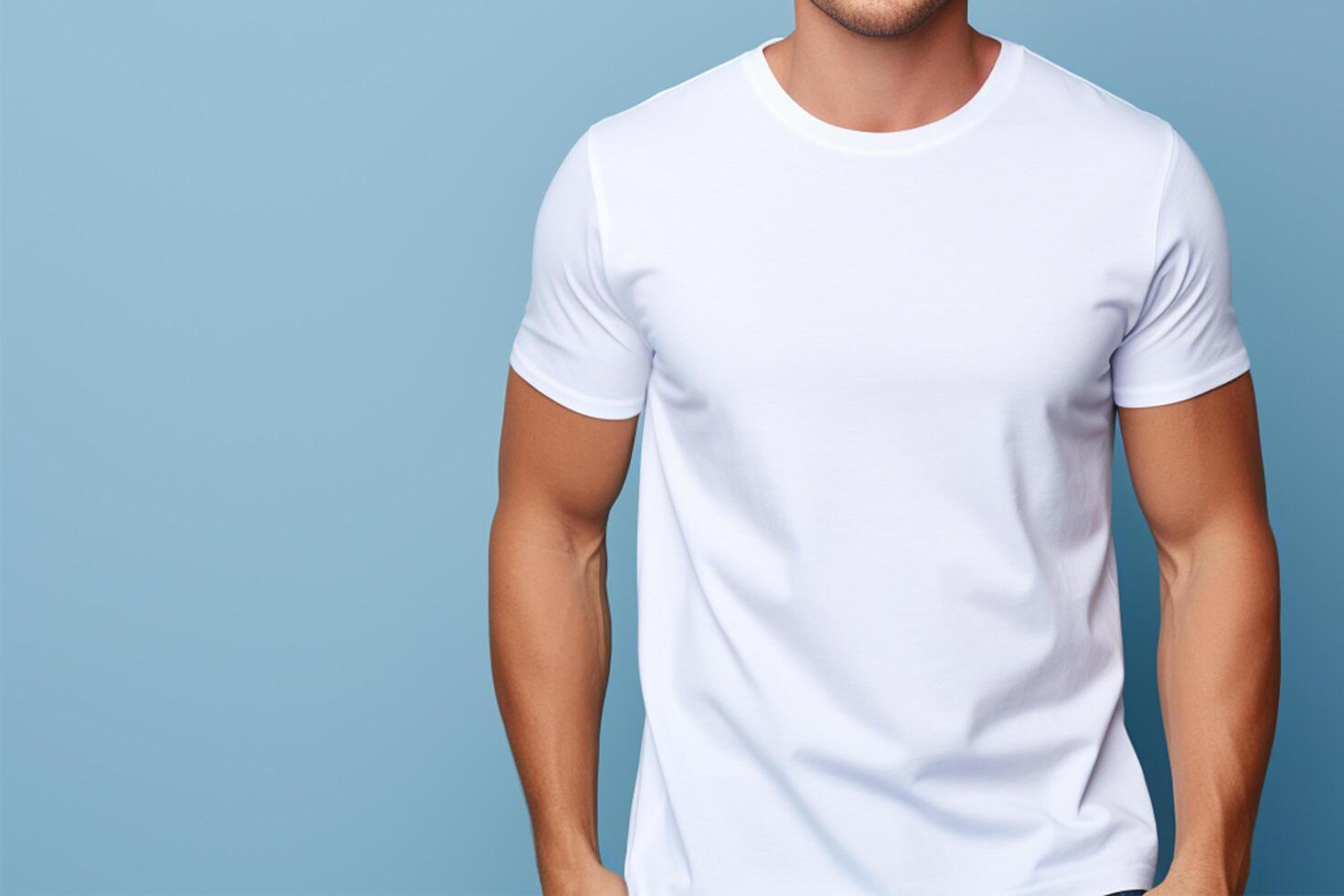Man in blank white t-shirt on blue background. Mockup for design photo