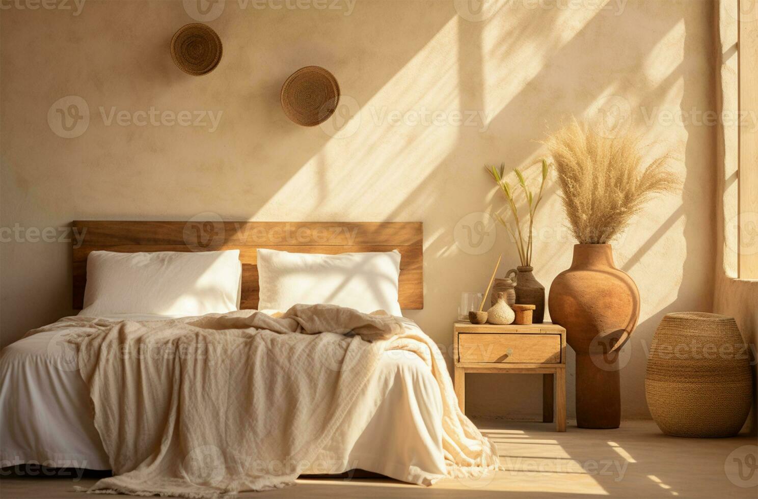 Interior of modern bedroom with wooden bed, pillows and plants AI generated photo