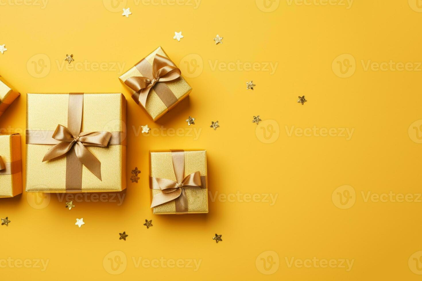 Golden ribbon gift box on yellow background. Top view concept Space for text photo