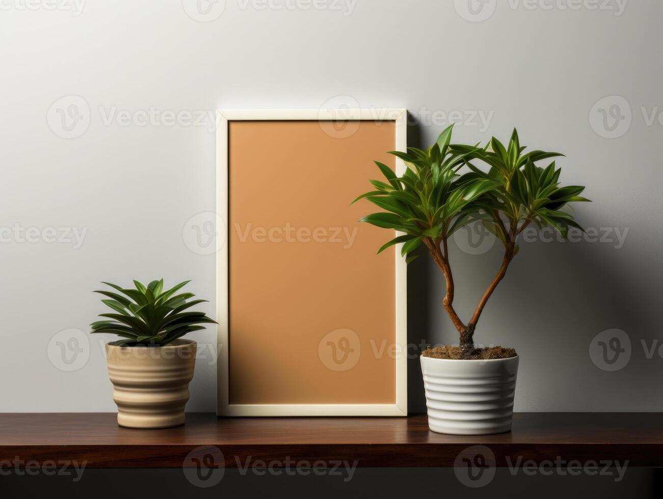 Mockup poster on shelf with pile of magazines , Mockups Design 3D, High-quality Mockups, photo