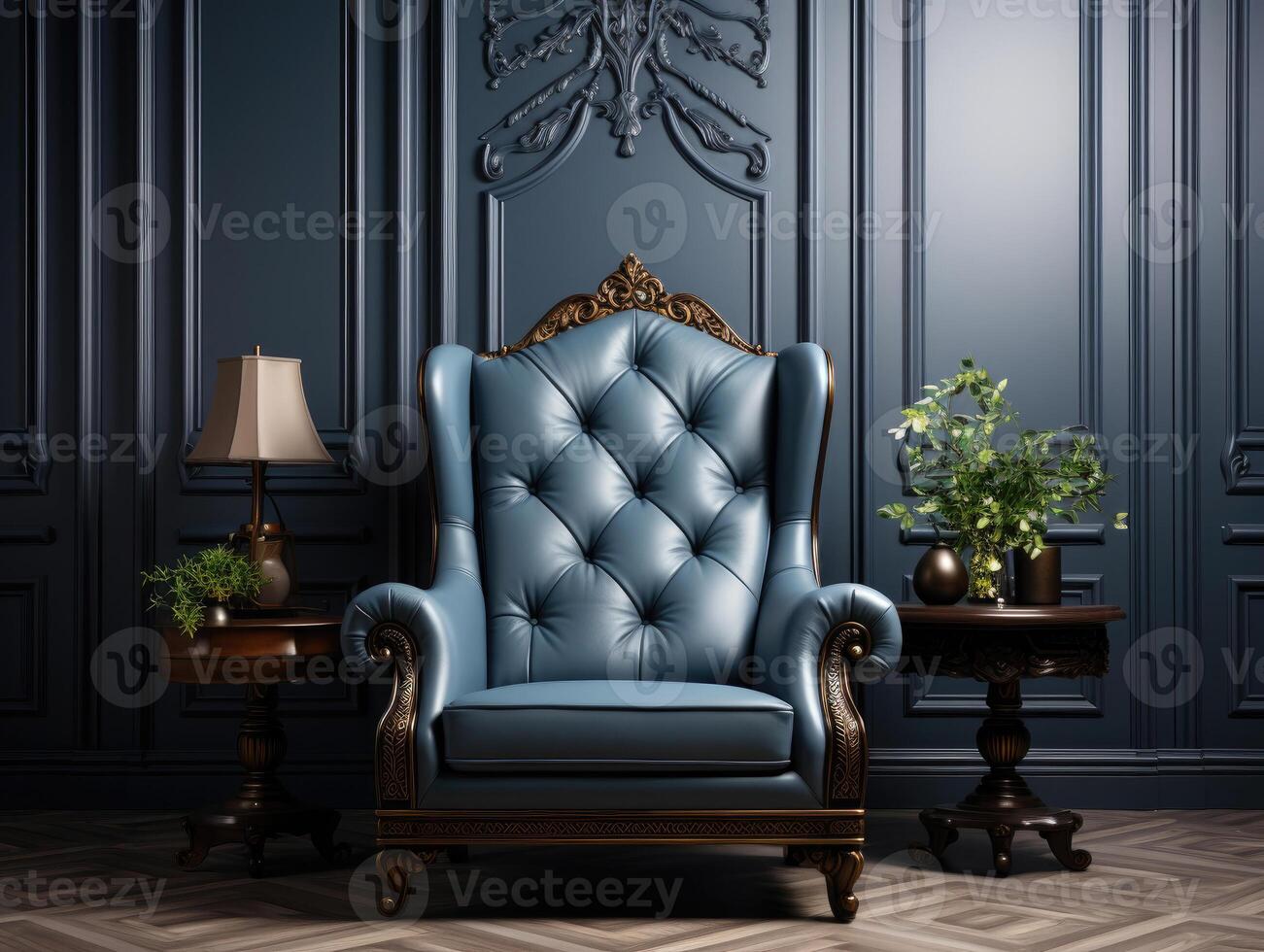 Luxury Classic Interior With Dark Blue Armchair , Mockups Design 3D, High-quality Mockups, photo