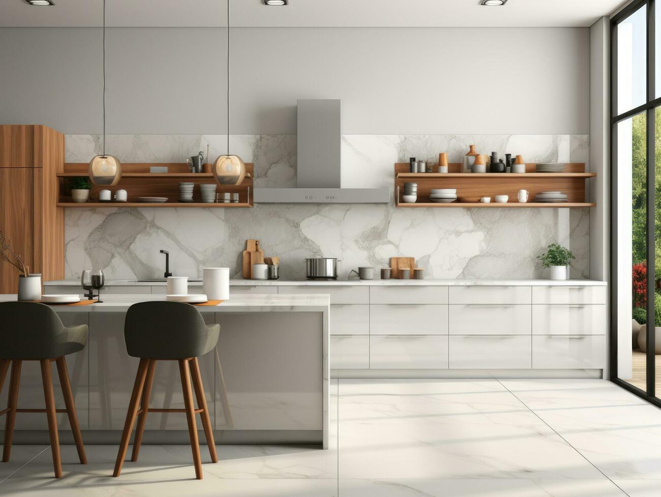 Contemporary Kitchen Interior Panoramic View Wall , Mockups Design 3D, High-quality Mockups, Generative Ai photo