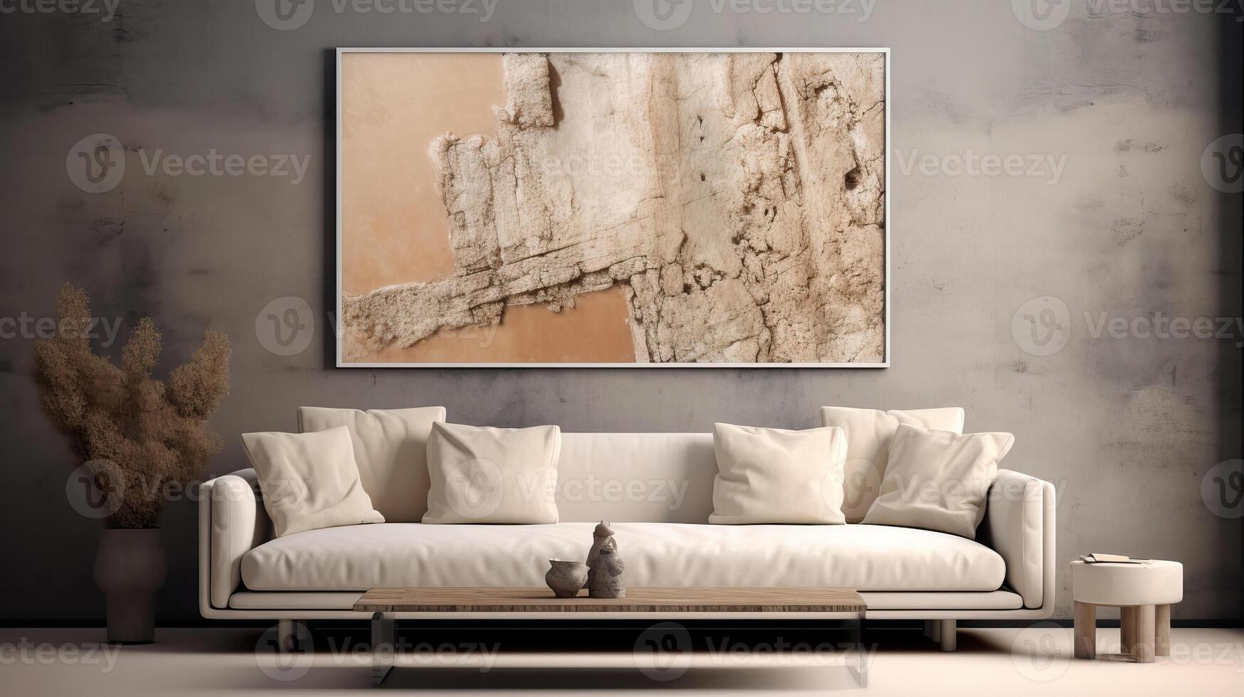 a white sofa in front of a wall with wooden frame, photo