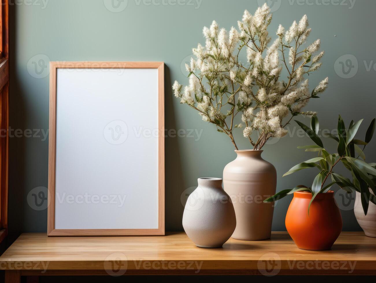 Mock-up poster frame with plants and cupboards , Mockups Design 3D, High-quality Mockups, photo