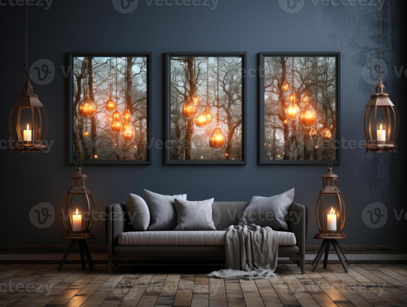 Mock-up poster in dark interior background , Mockups Design 3D, High-quality Mockups, photo