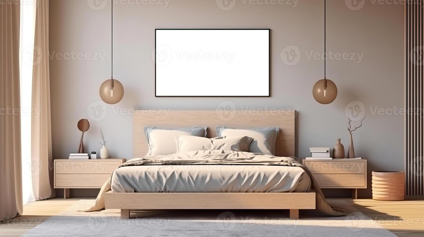 Bedroom interior with poster mockup modern style 3d, photo