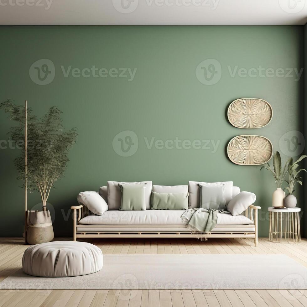 Home interior mockup living room in green and beige, photo