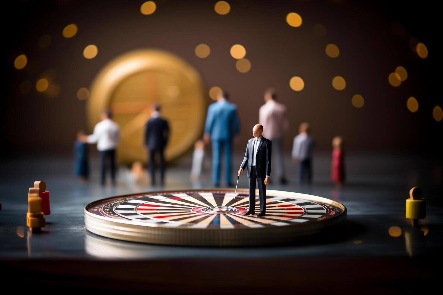 Businessman Aiming for Success Concept of Money, Dart Board, and Target, photo