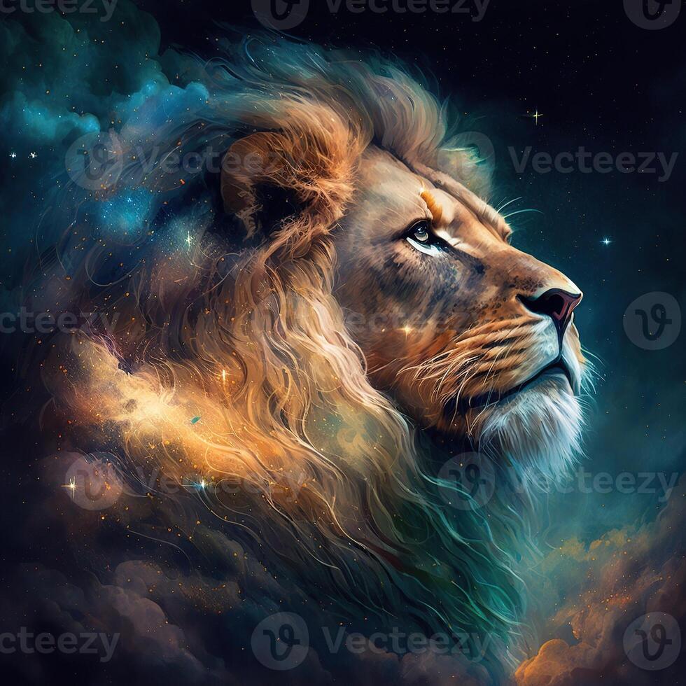 Lion in the sky with clouds and stars AI Generated photo