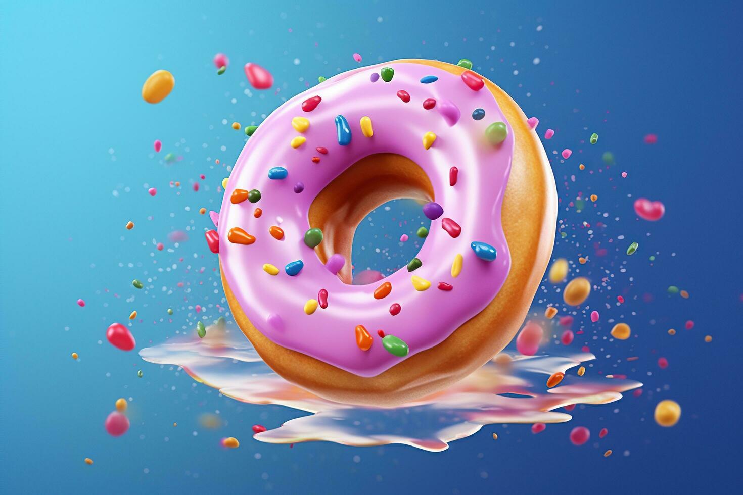 Pink donut decorated with colorful sprinkles isolated on blue background AI Generated photo
