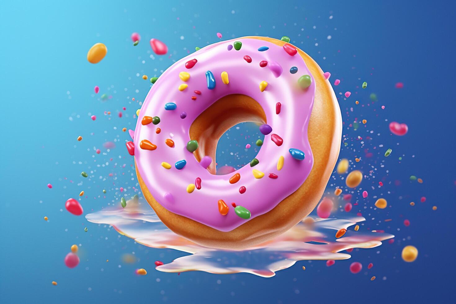 Pink donut decorated with colorful sprinkles isolated on blue background photo