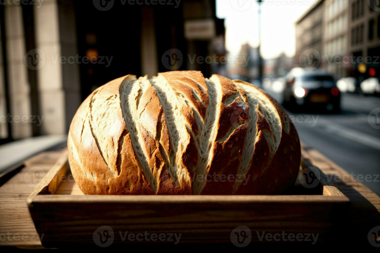 A Loaf Of Bread Sitting On Top Of A Wooden Tray. AI Generated photo