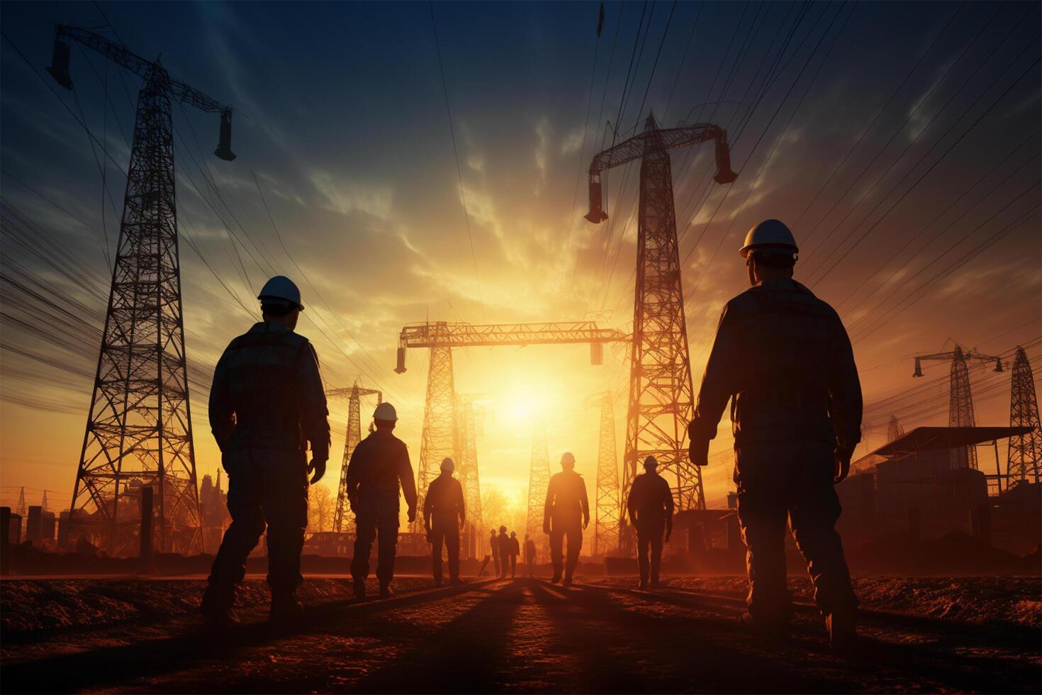 Silhouette workers on background of construction photo