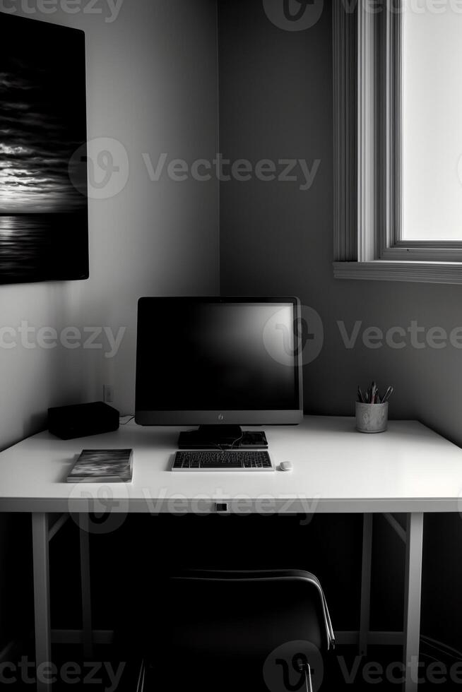 A Desktop Computer Sitting On Top Of A White Desk. photo