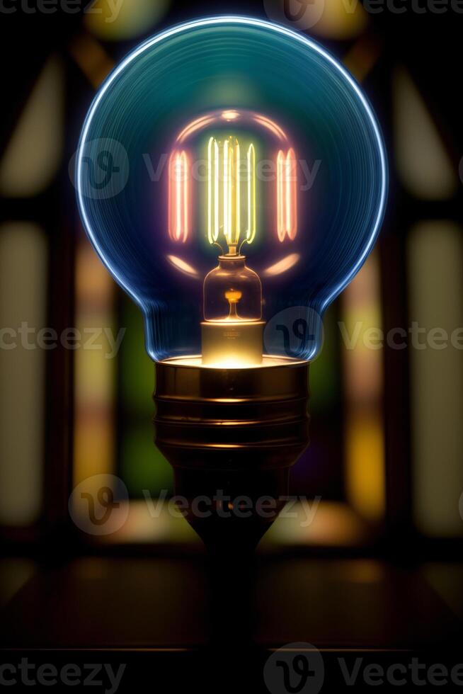 A Lit Up Light Bulb In Front Of A Stained Glass Window. AI Generated photo