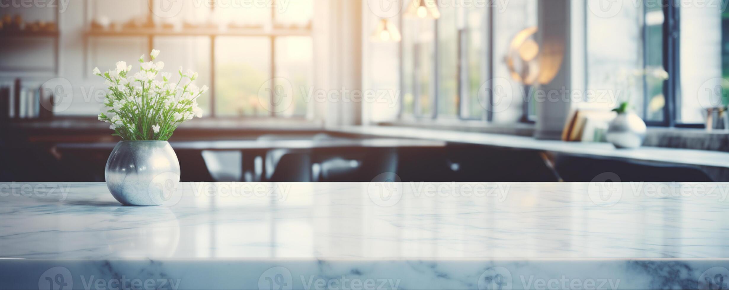 White marble table top and blurred abstract background from photo
