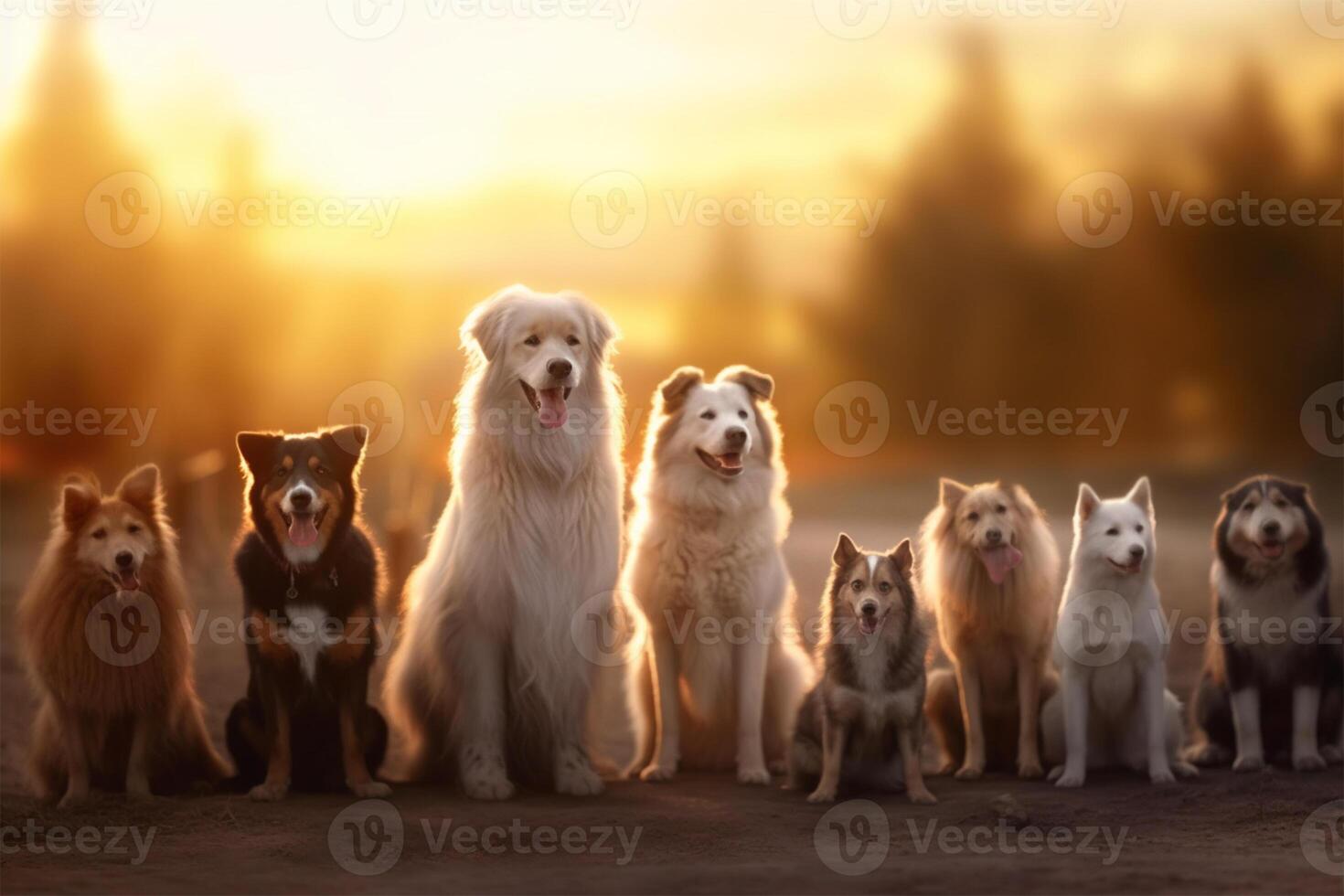 Set of dogs, diffrent sizes and breeds outdoor at sunset photo