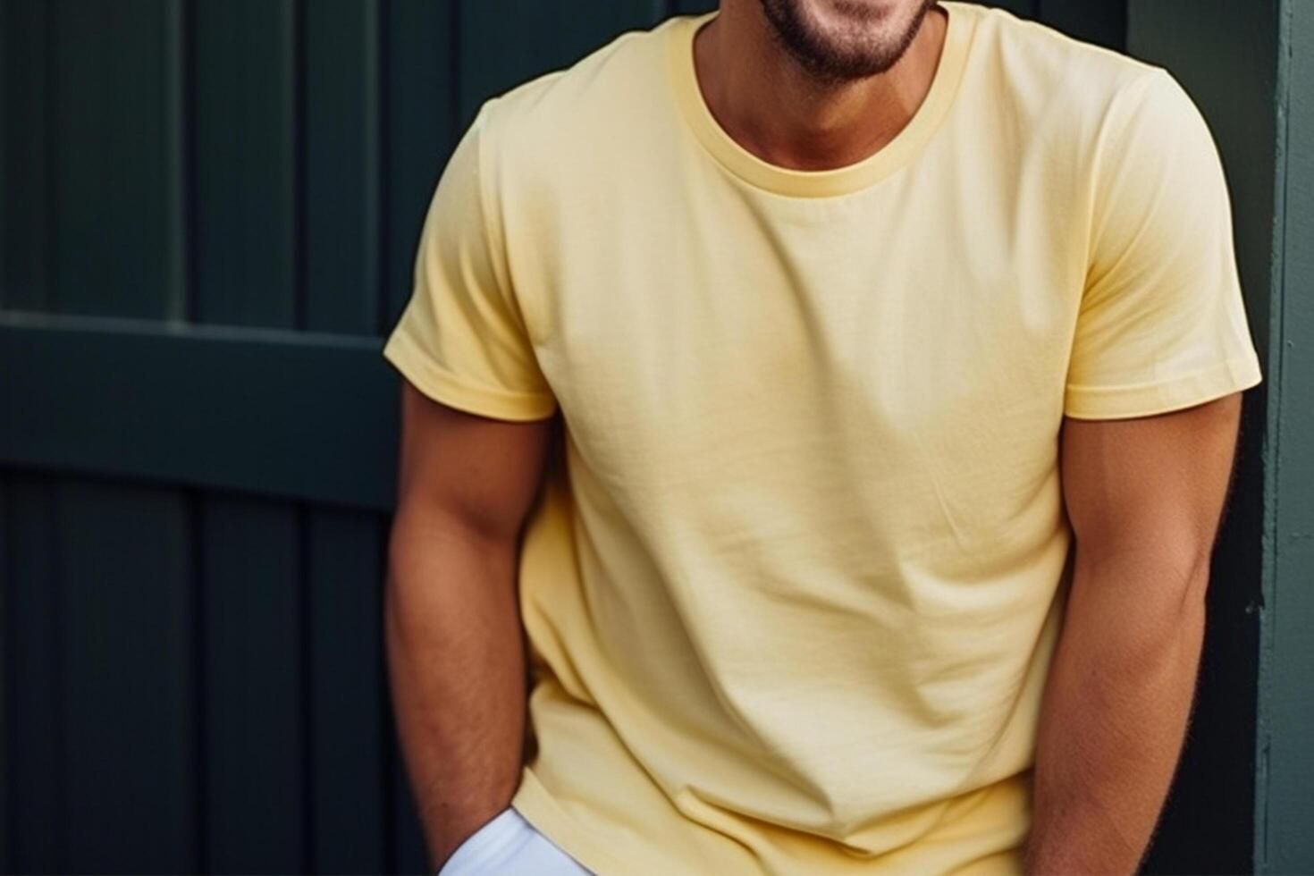 recortado imagen de hermoso joven hombre en amarillo camiseta en pie al aire libre ai generado foto