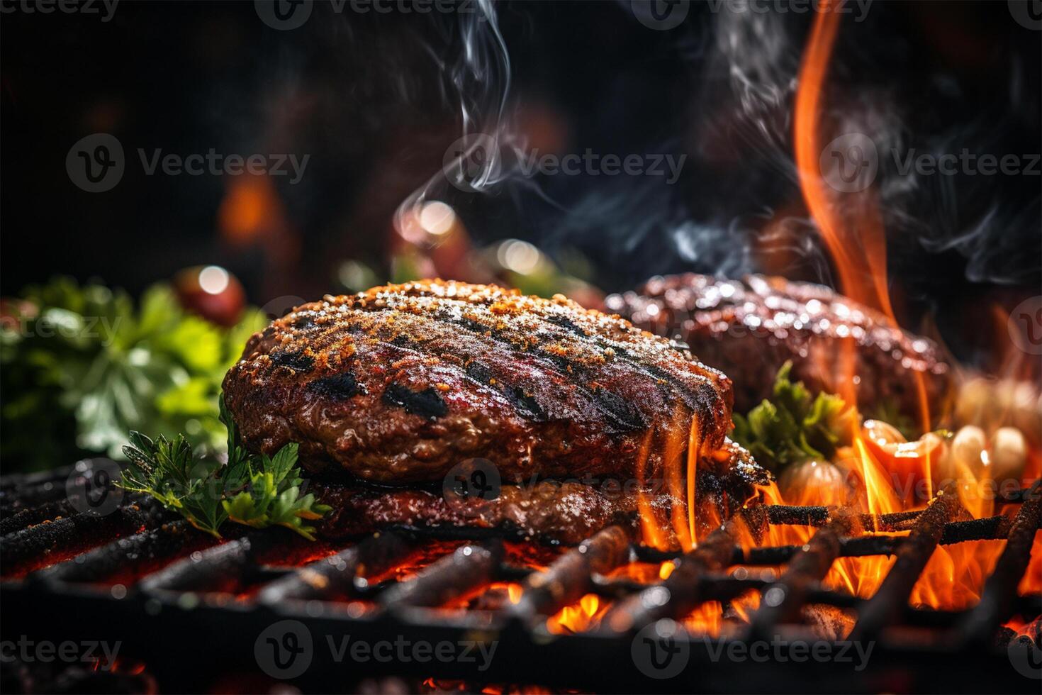 Hamburger hot spices grilled on bbq fire flame grill photo