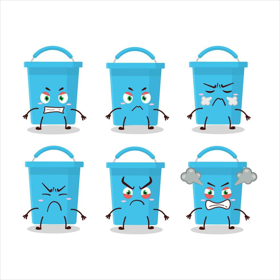 Blue bucket cartoon character with various angry expressions vector