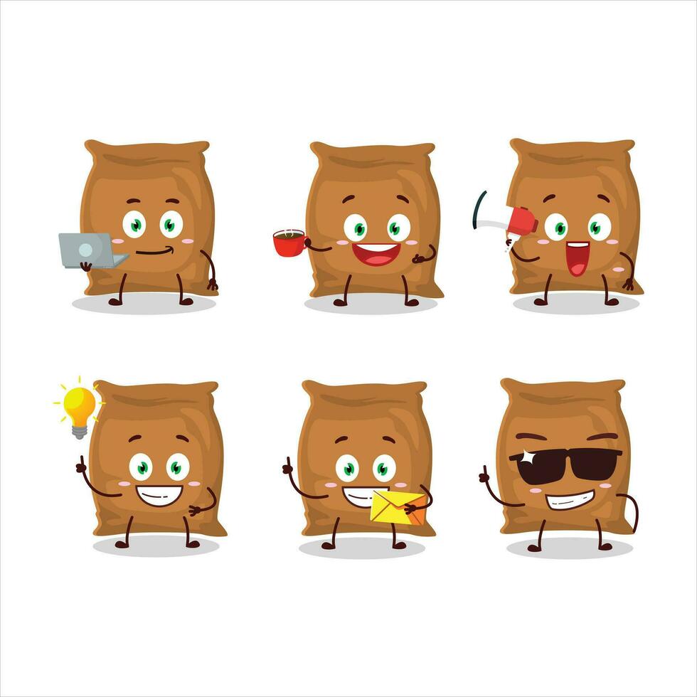 Flour sack cartoon character with various types of business emoticons vector