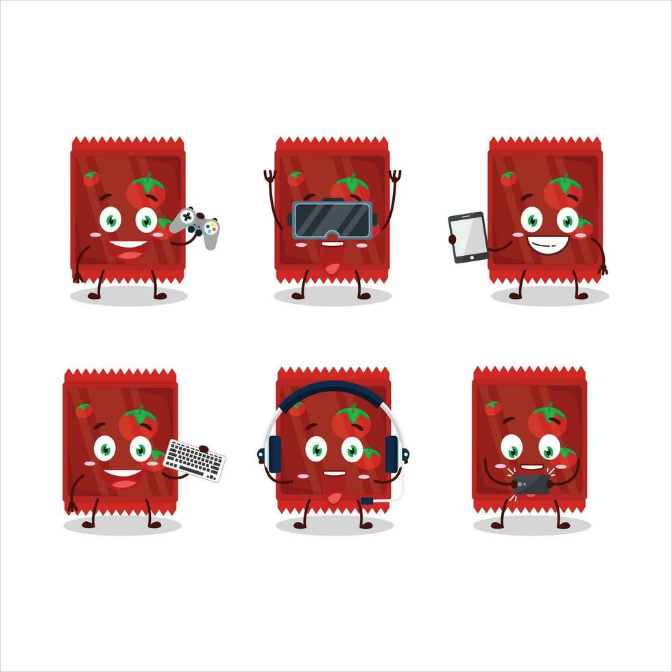 Ketchup sachet cartoon character are playing games with various cute emoticons vector