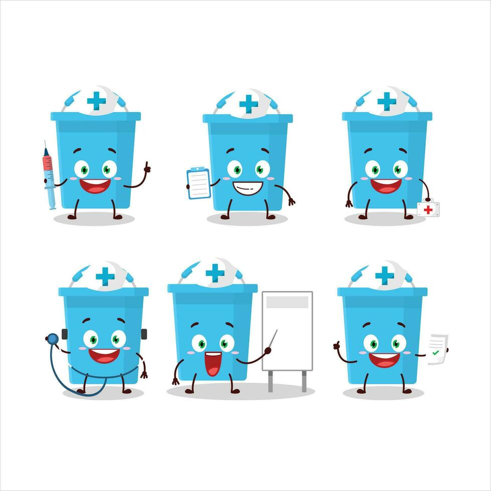 médico profesión emoticon con azul Cubeta dibujos animados personaje vector