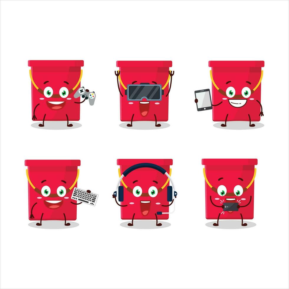 Red bucket cartoon character are playing games with various cute emoticons vector