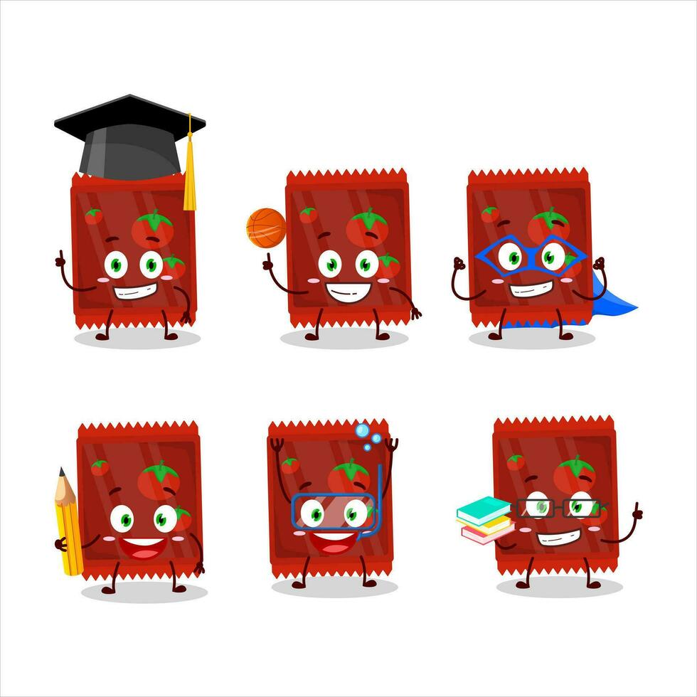 colegio estudiante de salsa de tomate bolsita dibujos animados personaje con varios expresiones vector