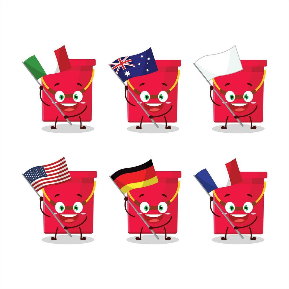 rojo Cubeta dibujos animados personaje traer el banderas de varios países vector