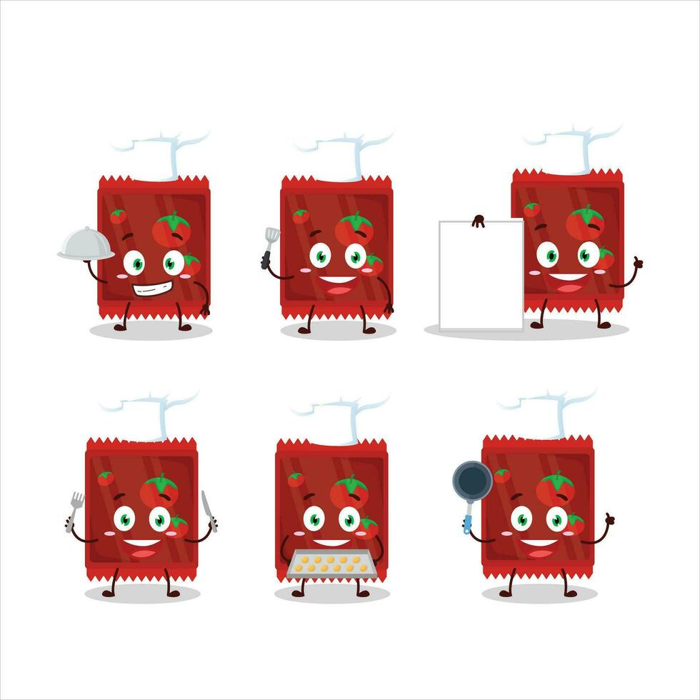 dibujos animados personaje de salsa de tomate bolsita con varios cocinero emoticones vector