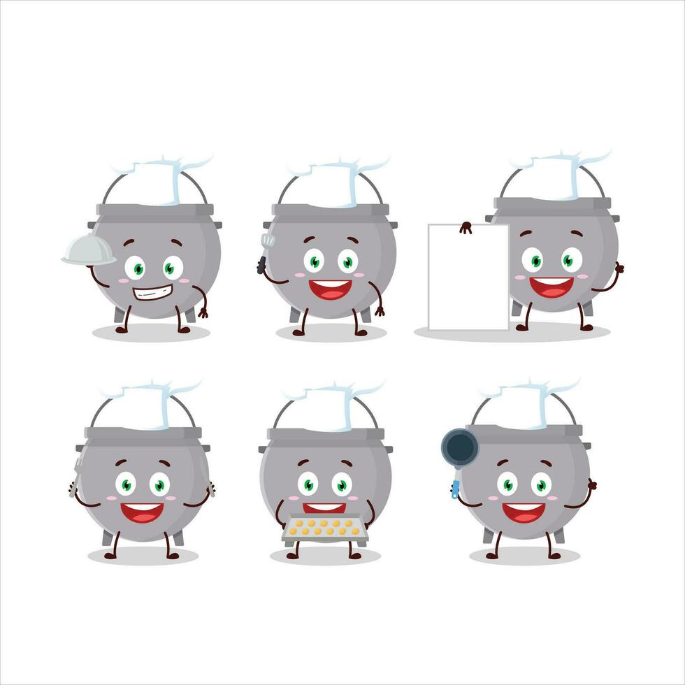 Cartoon character of cauldron bottle with various chef emoticons vector