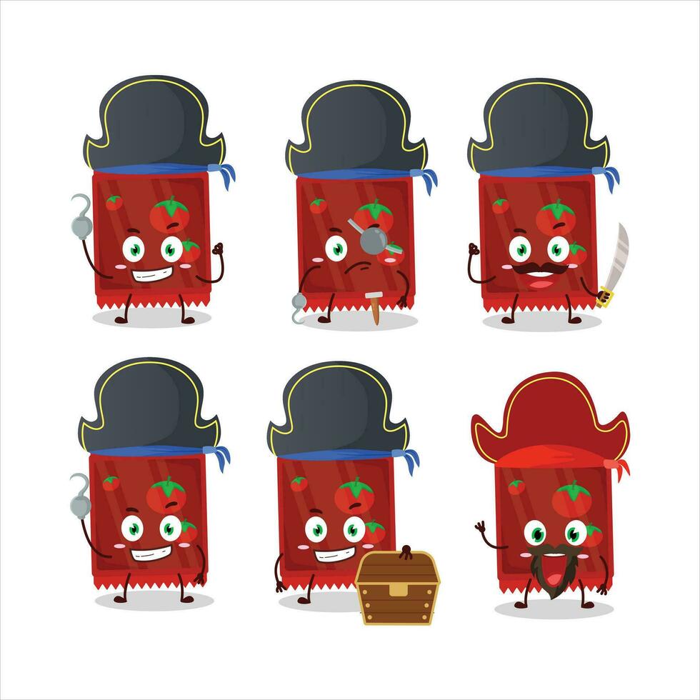 dibujos animados personaje de salsa de tomate bolsita con varios piratas emoticones vector