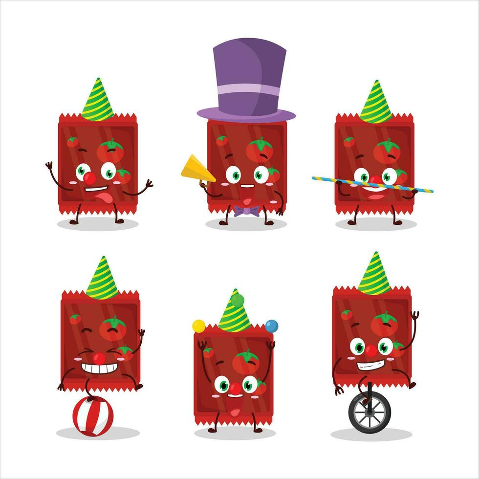 dibujos animados personaje de salsa de tomate bolsita con varios circo muestra vector