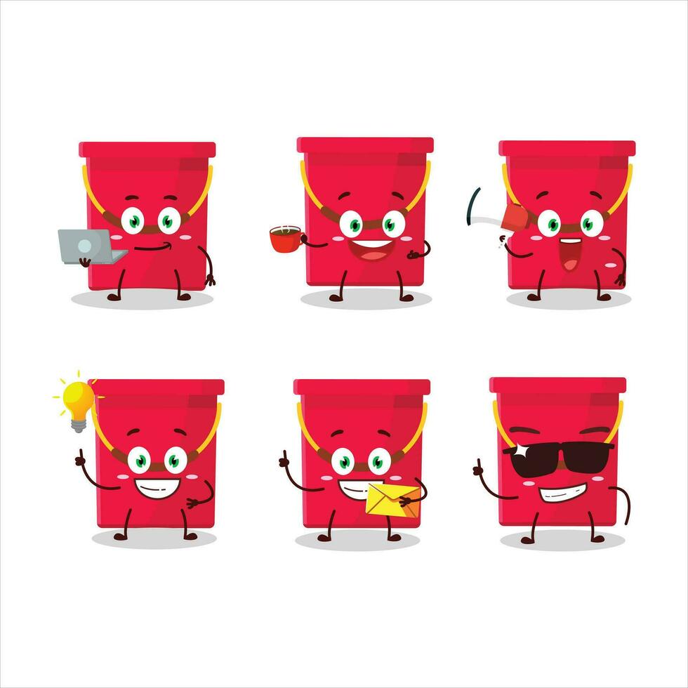 rojo Cubeta dibujos animados personaje con varios tipos de negocio emoticones vector