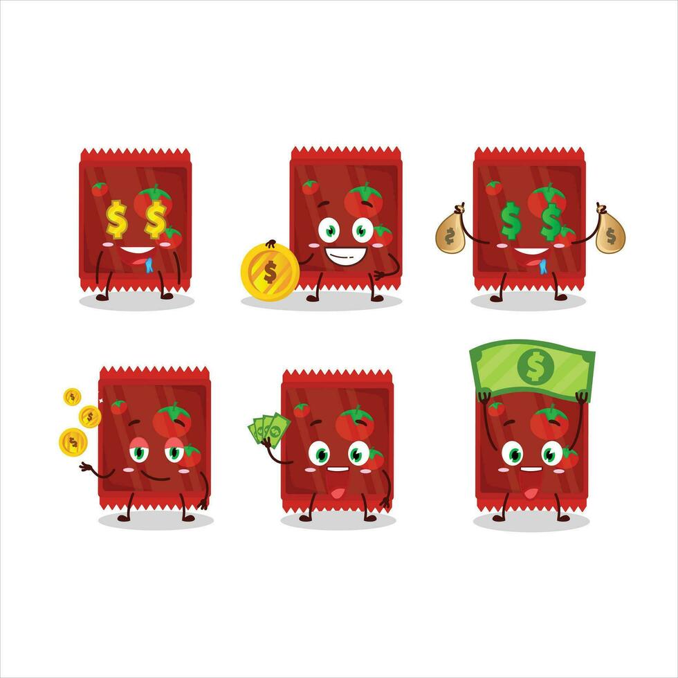 salsa de tomate bolsita dibujos animados personaje con linda emoticon traer dinero vector