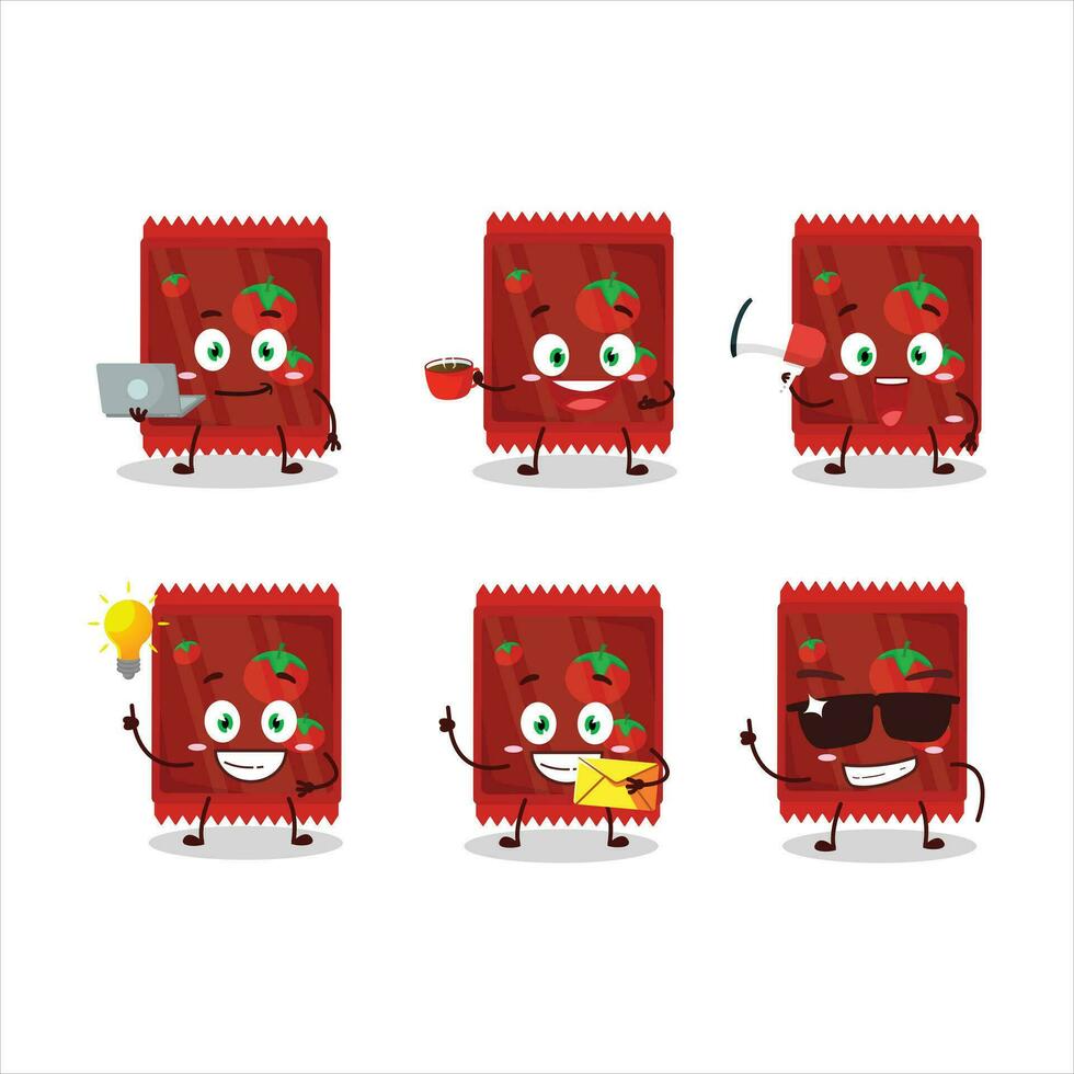 Ketchup sachet cartoon character with various types of business emoticons vector