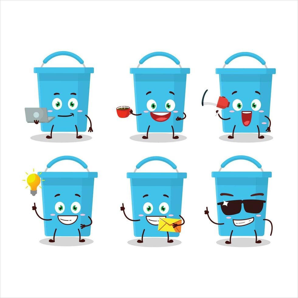 Blue bucket cartoon character with various types of business emoticons vector