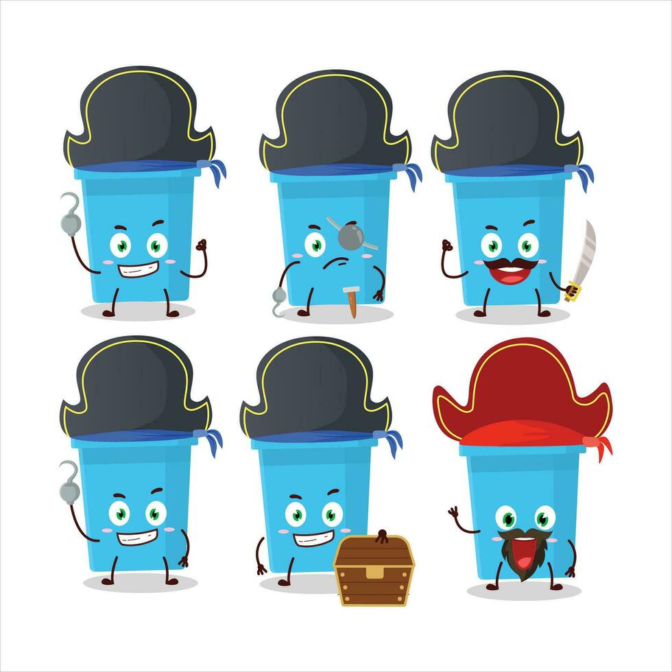 Cartoon character of blue bucket with various pirates emoticons vector