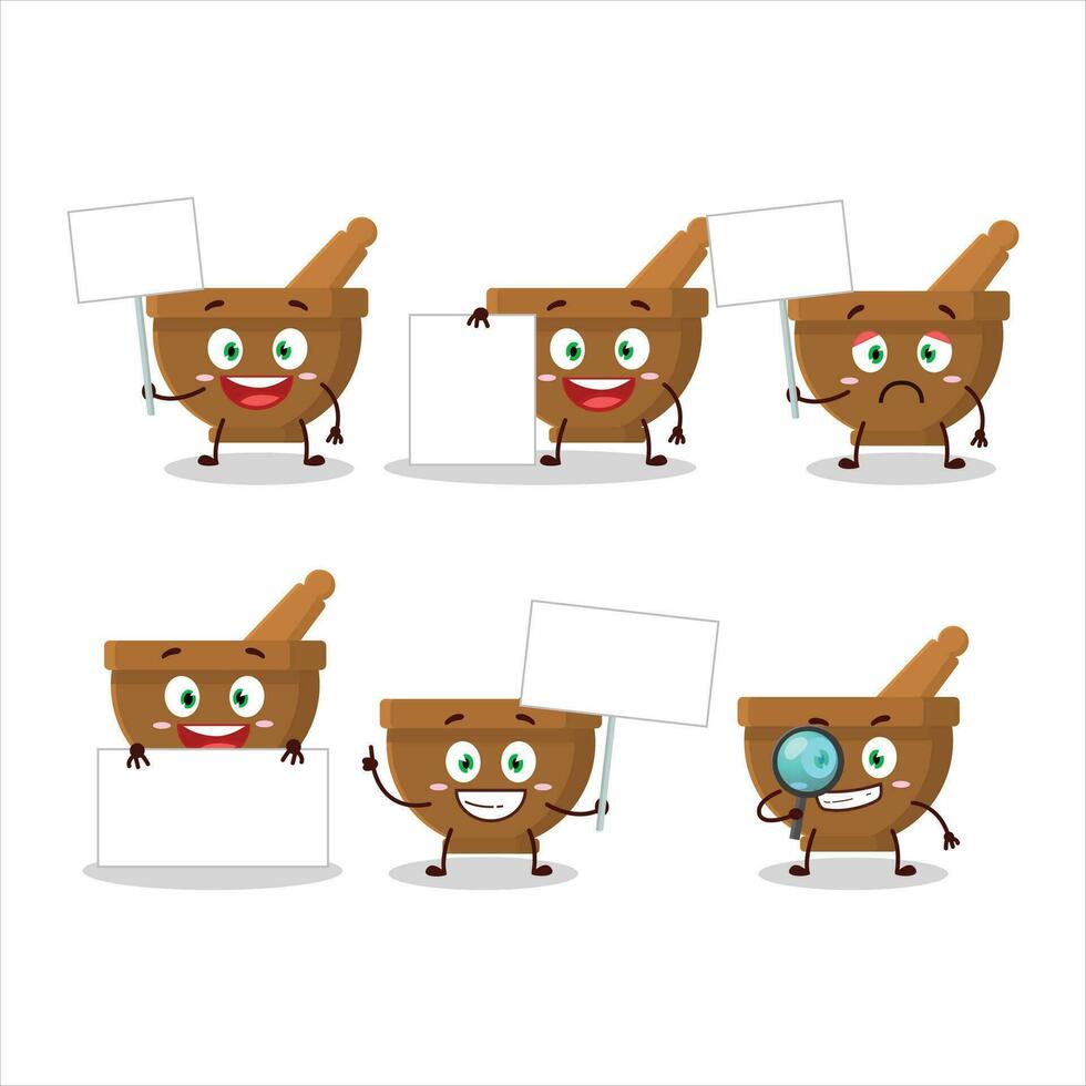 Mortar and pestle cartoon character bring information board vector