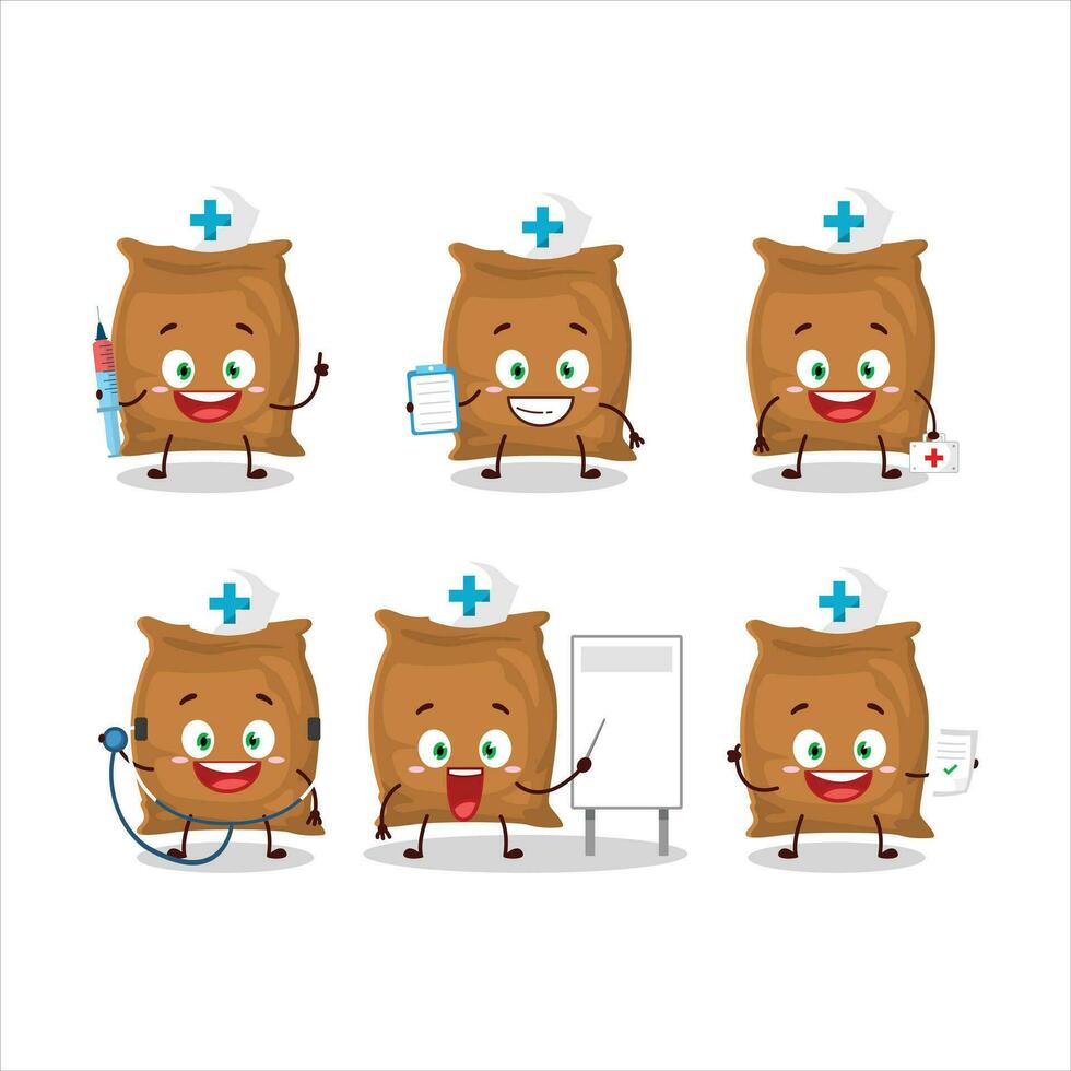 médico profesión emoticon con harina saco dibujos animados personaje vector