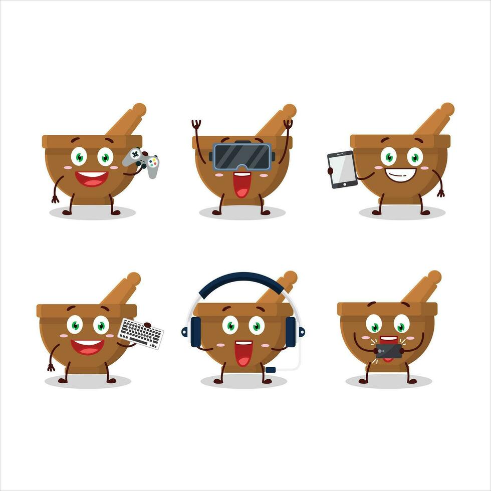 Mortar and pestle cartoon character are playing games with various cute emoticons vector